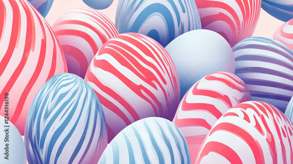 Obraz premium Vibrant striped Easter eggs, glossy pastel textures, classic spring holiday decoration, traditional seasonal festivity