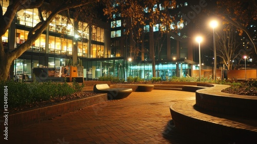 Night scene of a city park with modern buildings, illuminated pathways, and curved benches.