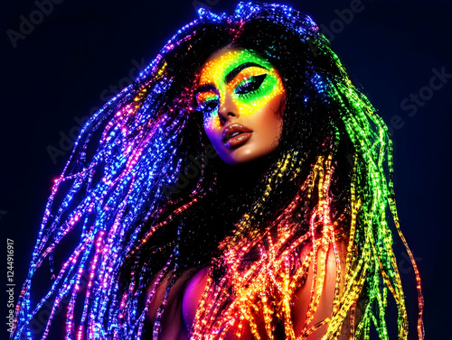 Woman with rainbow LED ligh...