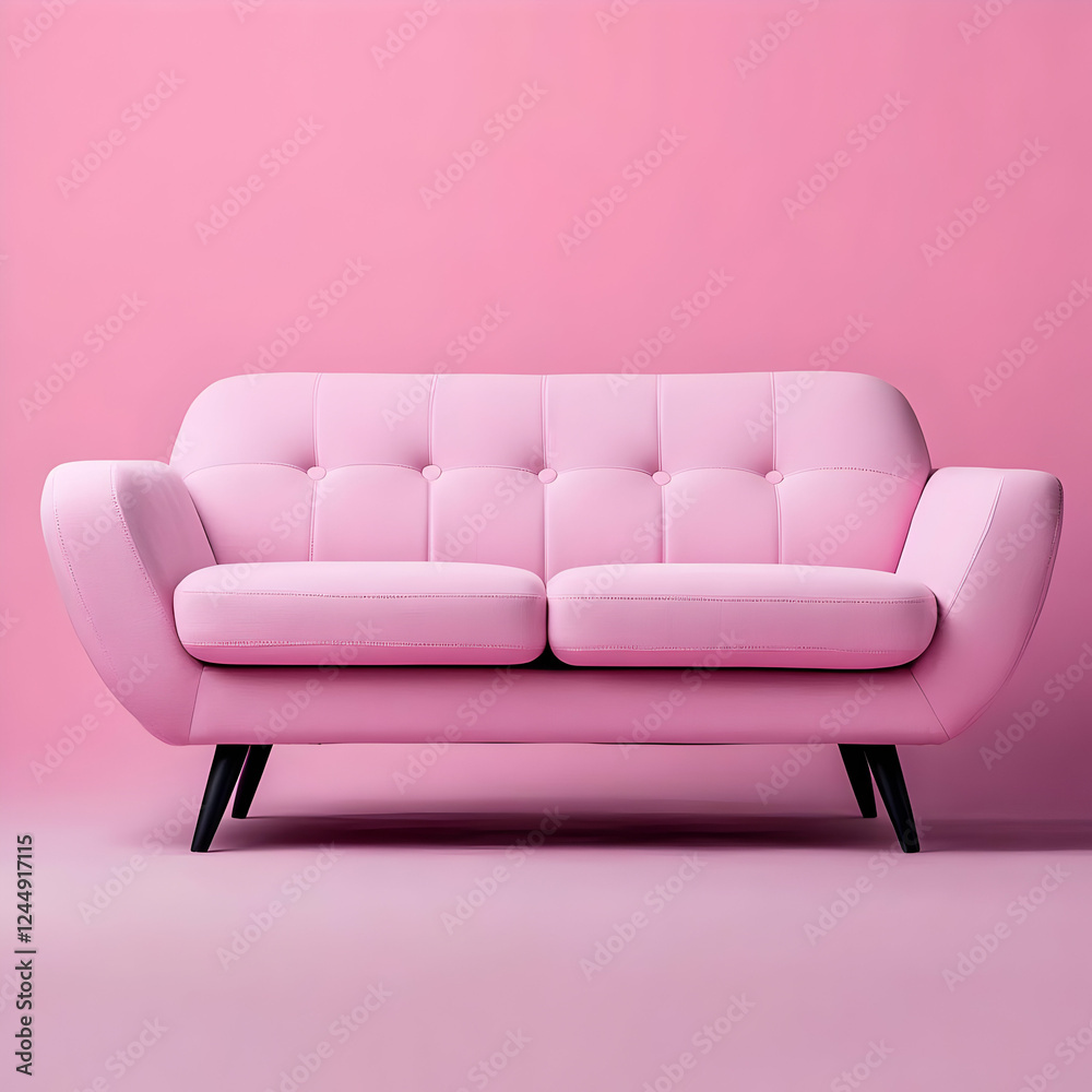 Pink Sofa Stands Elegantly on a Pink Background, Showcasing Modern Design Aesthetics. Pink Sofa Stands Elegantly on a Pink Background, Showcasing Modern Design Aesthetics.