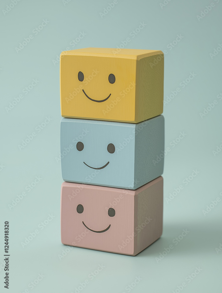 Obraz premium Happy wooden blocks stacked in pastel colors on soft background