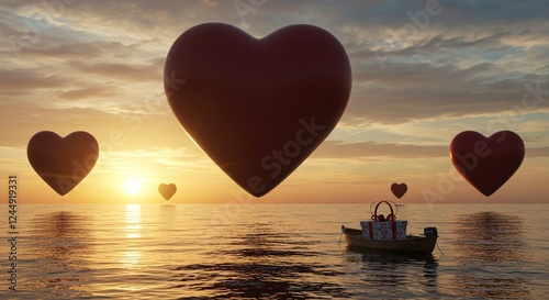 Surreal shot of giant floating hearts over a calm ocean, a small boat with a gift1 photo