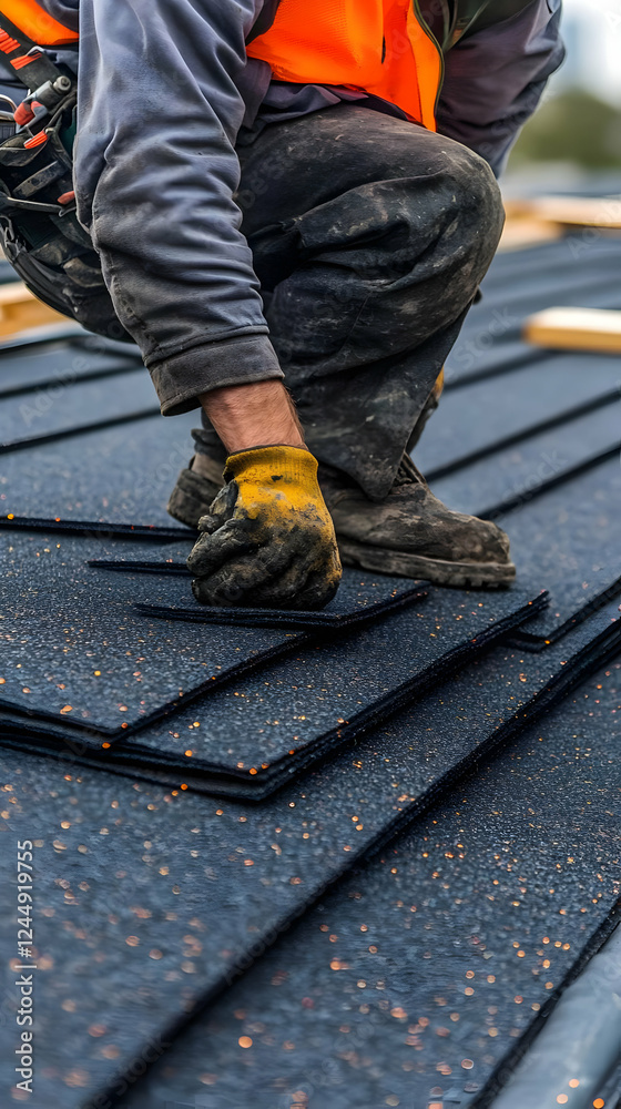 Construction Worker Installs Asphalt Shingles on a Roof with Precision and Expertise During House Building