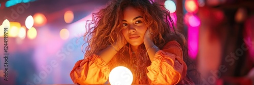 Young woman gazes intently at crystal ball in a mystical candlelit setting for fortune telling