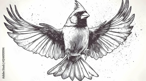 Detailed Bird Illustration: Cardinal in Flight with Spread Wings and Dynamic Pose