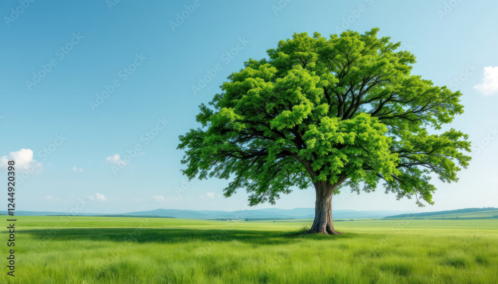 Lone Tree Stands Tall in Verdant Field Under Blue Sky Lone Tree Stands Tall in Verdant Field Under Blue Sky