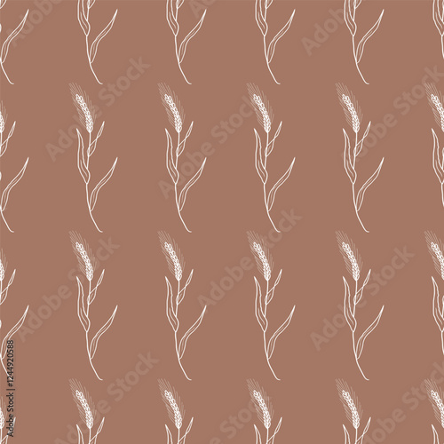 Seamless pattern with detailed realistic illustration of rye plant. Hand drawn background with wheat ears in engraved vintage sketch style. 