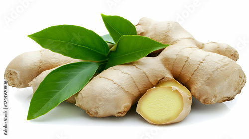 Fresh Ginger Root with Gree...