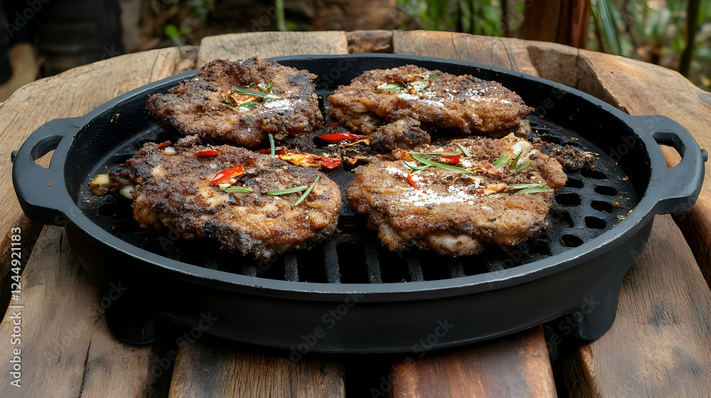 Grilled Chicken Breasts Sizzle with Herbs and Spices on a Cast Iron Grill Outdoors Grilled Chicken Breasts Sizzle with Herbs and Spices on a Cast Iron Grill Outdoors