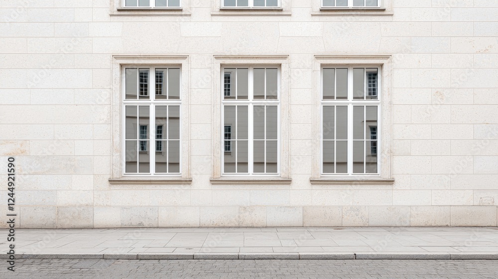 Three windows, stone building facade, city street