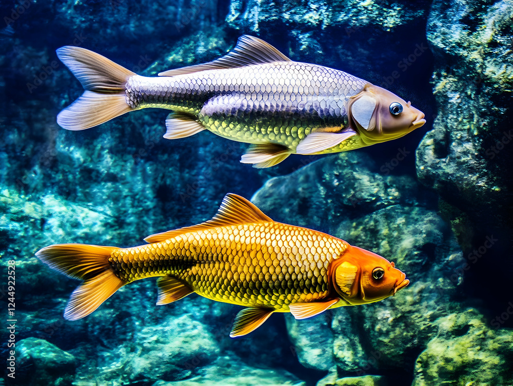 Two Vibrant Koi Fish Swim Gracefully in a Deep Blue Aquarium, Showcasing Their Colorful Scales Two Vibrant Koi Fish Swim Gracefully in a Deep Blue Aquarium, Showcasing Their Colorful Scales