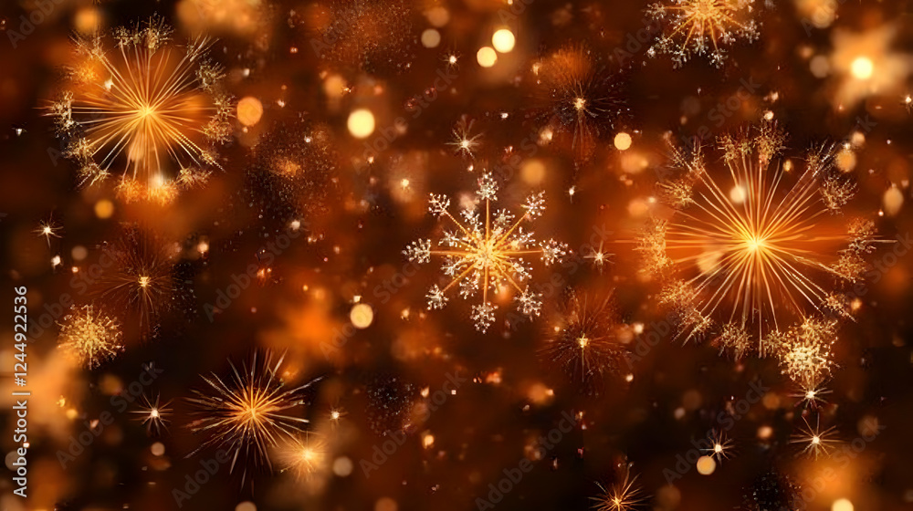Fototapeta premium Golden Festive Fireworks and Snowflakes Explode Elegantly Against a Dark, Warm Background