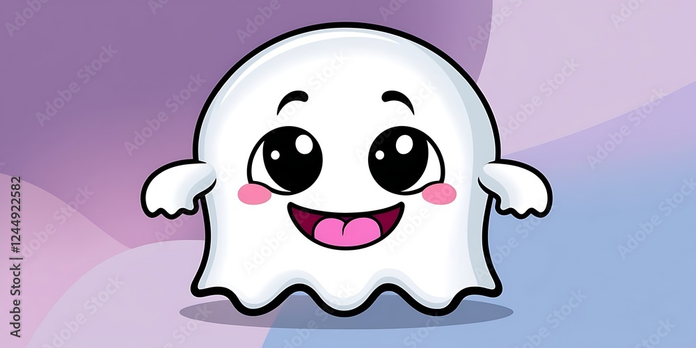 Playful and friendly ghost cartoon character with big expressive eyes and an open smile on a pastel-colored gradient background. Great for Halloween, stickers, and fun designs

