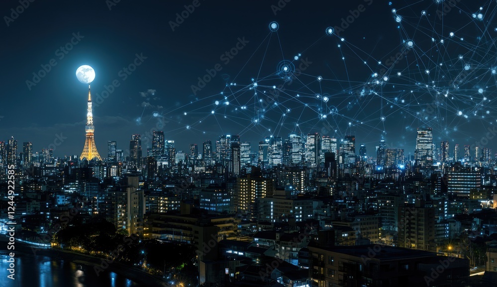 Fototapeta premium Night Cityscape Illuminated Tower Network Connections