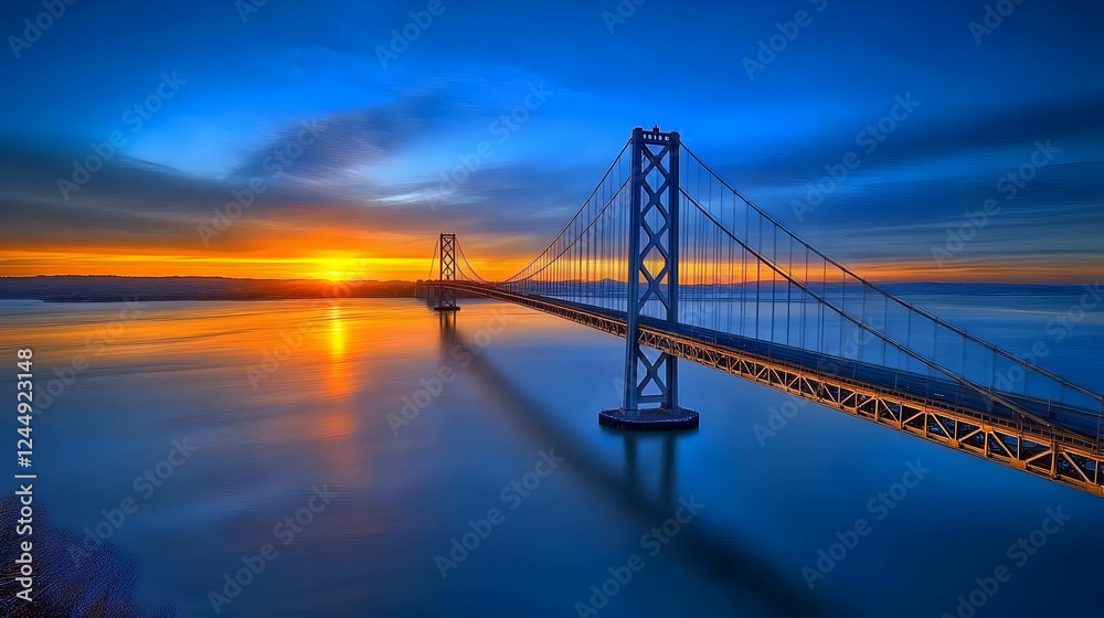 Suspension Bridge Spans Tranquil Water During a Golden Sunrise and Blue Sky Serenely Suspension Bridge Spans Tranquil Water During a Golden Sunrise and Blue Sky Serenely