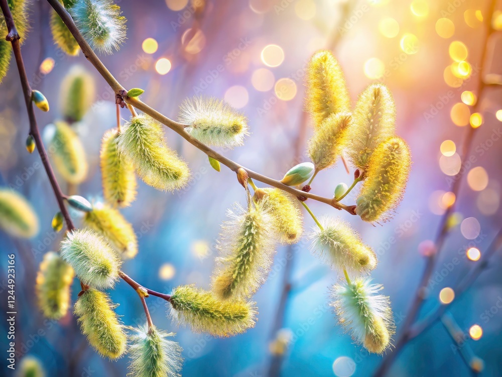 Dreamy spring light bathes flowing willow branches, their catkins blurred by long exposure. Dreamy spring light bathes flowing willow branches, their catkins blurred by long exposure.