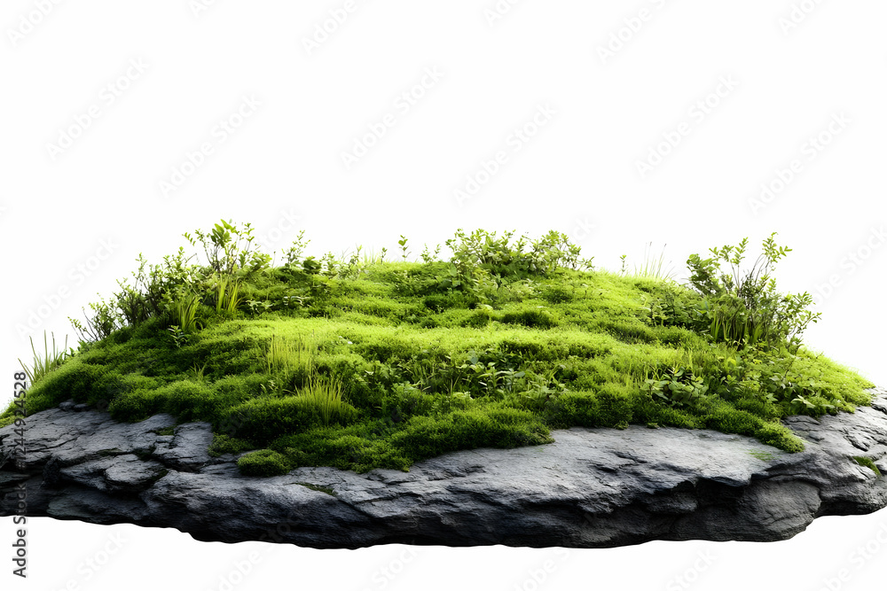 Floating Rock Island Covered with Lush Green Moss, Grass, and Small Plants Isolated on White Background Floating Rock Island Covered with Lush Green Moss, Grass, and Small Plants Isolated on White Background