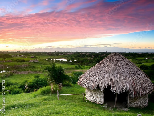 Thatched Hut Sits Serenely ...