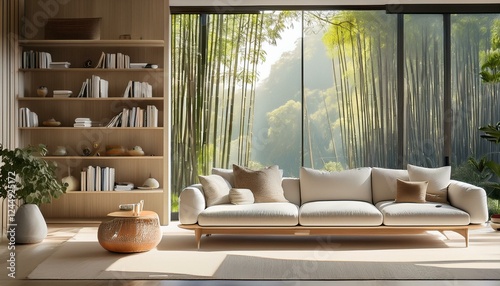  Zen-inspired living room with a low cream sofa, floating wood-and-metal bookshelf, and panor 
