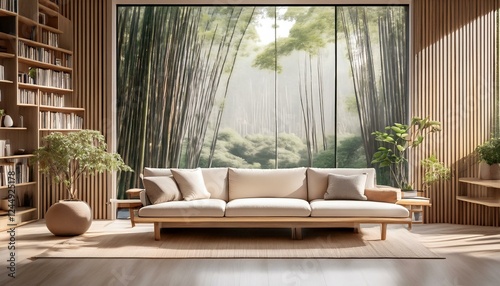  Zen-inspired living room with a low cream sofa, floating wood-and-metal bookshelf, and panor 