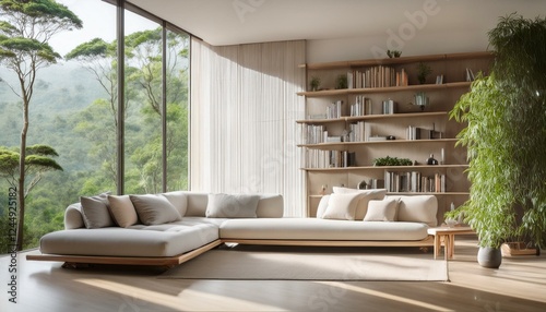  Zen-inspired living room with a low cream sofa, floating wood-and-metal bookshelf, and panor 