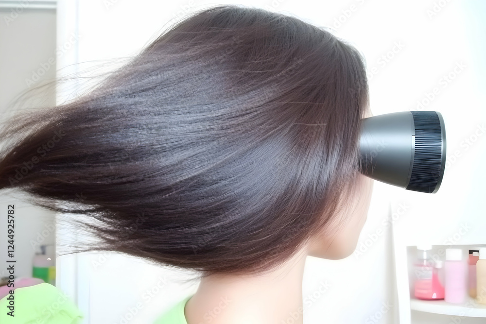 Fototapeta premium Woman Drying Long Brown Hair with a Hair Dryer in Bathroom, Hair Care Routine