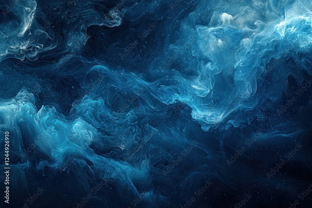 Fototapeta premium Mystical blue smoke swirling on a black background, providing a dreamy and abstract backdrop for creative designs.