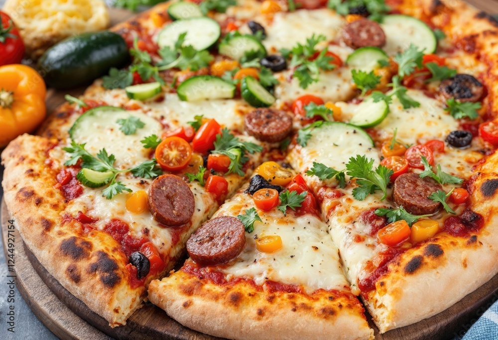 pizza with vegetables and sausages pizza with vegetables and sausages