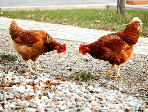 Two Brown Chickens Face Off...