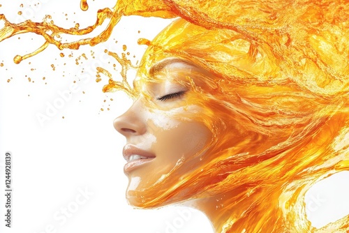 Womans face enveloped in orange liquid splash photo