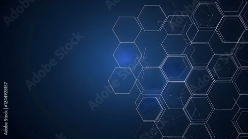 Abstract Background Shows Interconnected Hexagons Forming a Futuristic Network Design on Dark Blue Backdrop.