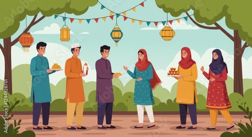 Festive Gathering Sharing Sweets Under Trees