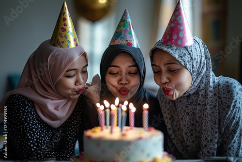 Three women in hijabs blow out birthday candles photo