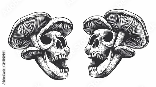 Two Skulls with Mushrooms G...
