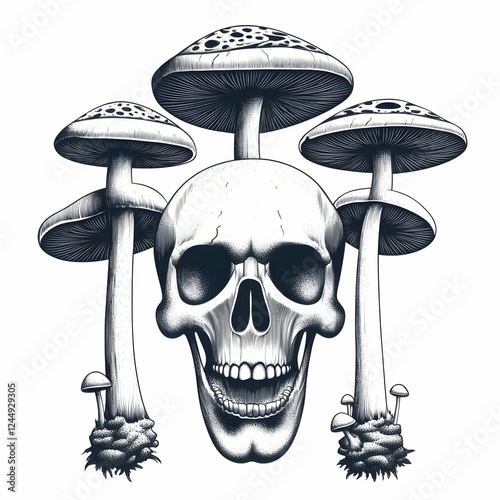 Vintage Illustration: Skull and Mushrooms Depicts Nature's Mortality and Decay Poetically. photo