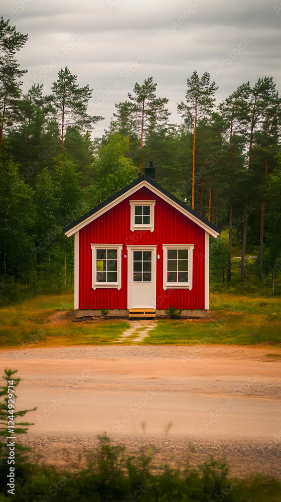 Red Cabin Stands Serenely in a Forest Clearing Under a Cloudy Sky in a Peaceful Retreat Red Cabin Stands Serenely in a Forest Clearing Under a Cloudy Sky in a Peaceful Retreat