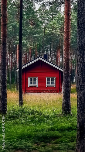 Red Cabin Nestled in a Sere...