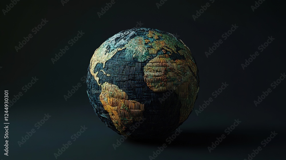 Fototapeta premium Globe Weaved with Thread on Blue Background. Symbolizing Global Connection and Unity
