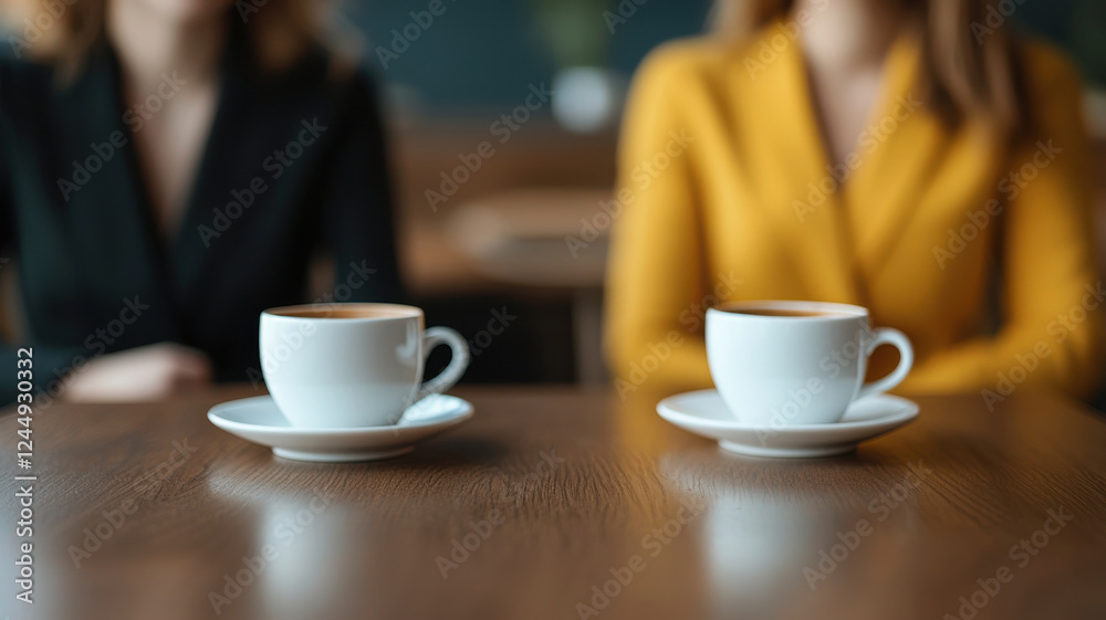 Job Interview Atmosphere Concept, Cozy cafe setting with two cups of coffee and two women in conversation Job Interview Atmosphere Concept, Cozy cafe setting with two cups of coffee and two women in conversation