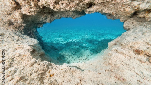 Ocean view through rock archway; underwater scene; turquoise water; sandy seabed; travel photography