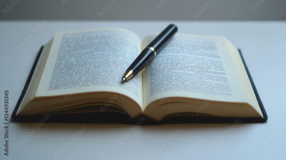 Open book with fountain pen resting on pages, knowledge and education theme, wisdom and learning concept, soft lighting Open book with fountain pen resting on pages, knowledge and education theme, wisdom and learning concept, soft lighting