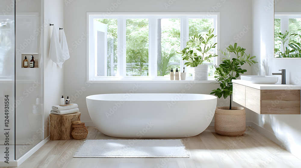 Fototapeta premium Modern minimalist bathroom design, natural light, plants