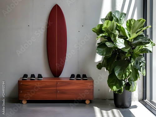 Red Surfboard Hangs Above W...