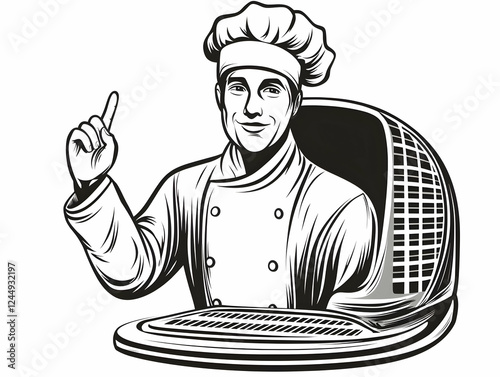 Smiling Chef Points Upward ...
