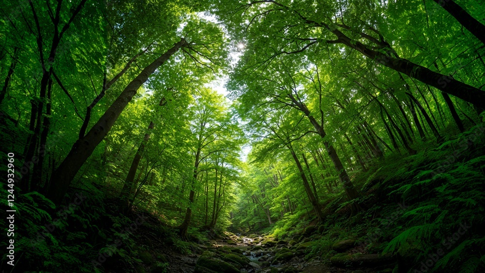 Obraz premium A lush green forest with tall trees, ferns, and a narrow stream, illuminated by soft sunlight filtering through the leaves.