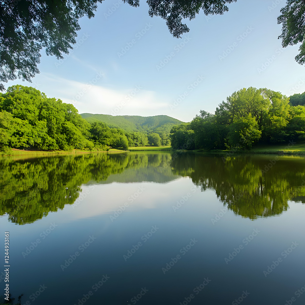 Fototapeta premium Serene Lake Reflects Lush Green Forest and Blue Sky on a Calm Day