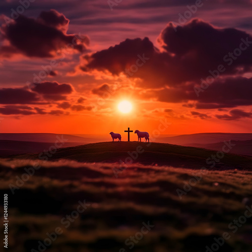 Two Sheep Stand by a Cross ...