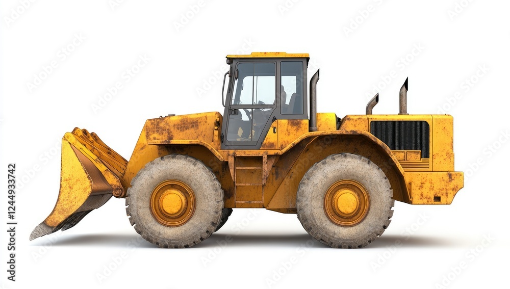 A weathered yellow wheel loader sits on a white background A weathered yellow wheel loader sits on a white background
