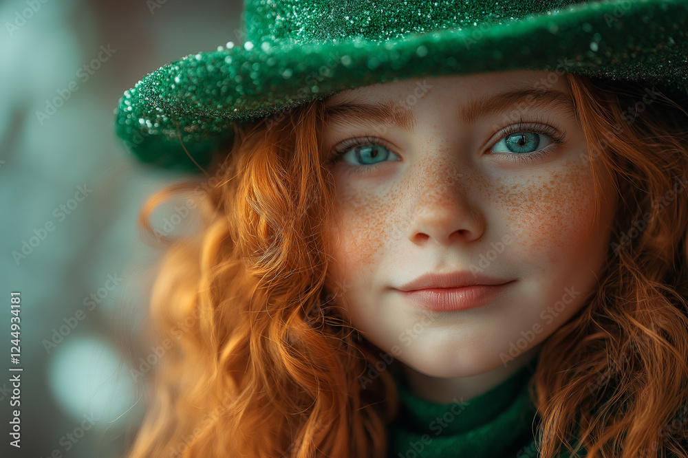 Beautiful Irish red-haired girl in sparkling green hat, celebrating St. Patrick’s Day with freckles, blue eyes, festive outfit, magical charm, cultural tradition, and happiness. Beautiful Irish red-haired girl in sparkling green hat, celebrating St. Patrick’s Day with freckles, blue eyes, festive outfit, magical charm, cultural tradition, and happiness.