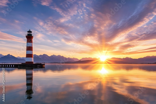 Lighthouse stands tall in the calm water as the sun rises majestically over the distant mountains.